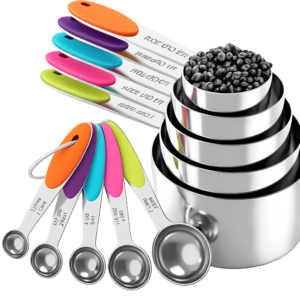 Homepixi stainless steel measuring cups and spoons set of 10 with easy-to-read markings for accurate cooking, baking, coffee, and kitchen measuring.