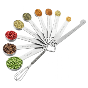 Homepixi stainless steel measuring spoons set of 11 with 9 metal measuring spoons, egg whisk, and measuring ruler scraper for accurate cooking and baking measurements.