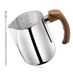 Homepixi stainless steel milk frothing pitcher 600ml with anti-scald handle, silver espresso steaming jug for frothing milk, latte art, cappuccino, and coffee preparation.