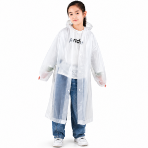 Homepixi kids waterproof EVA raincoat poncho with hood for boys and girls ages 5 to 12, lightweight white rain coat for school and outdoor use.