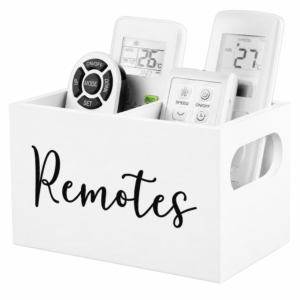 Black wooden remote control holder and desk organizer for TV remotes, mobile phone, pens, stationery, and table accessories.Remote Control Holder Wooden Desk Organiser