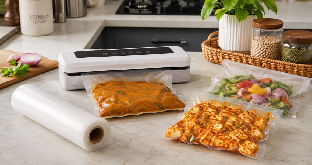 meal prep with vacuum sealer roll setup on a kitchen counter with sealed bags of curry and marinated paneer