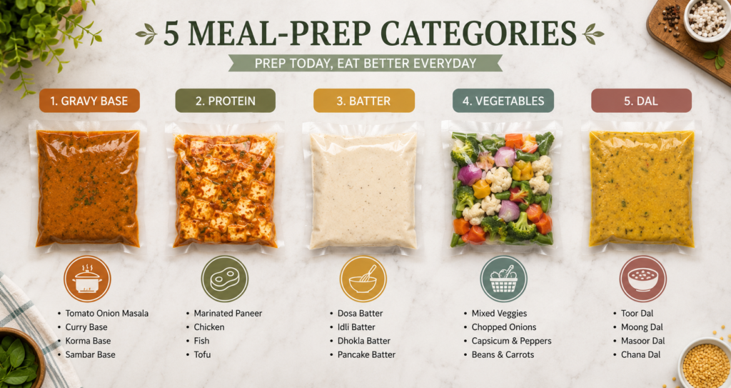 meal prep with vacuum sealer roll weekly planning chart showing gravy, protein, batter, and dal categories