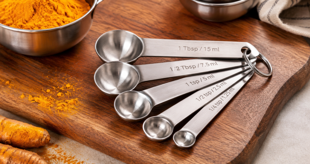 stainless steel measuring spoons set on wooden board