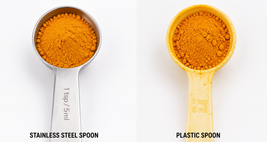 stainless steel vs plastic measuring spoon turmeric stain comparison